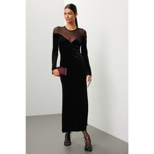 Delfi Collective Mika Black Mesh and Velvet Sheath Long Sleeve Midi Dress Size S